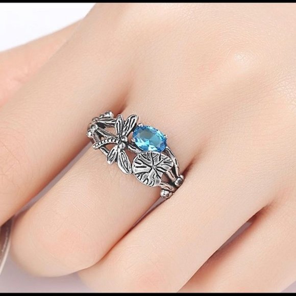 Vtg Style Dragonfly Aquamarine Ring sz 6 - Picture 3 of 12
